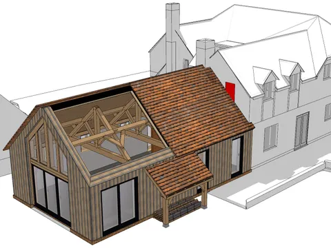3D design drawing of an oak framed kitchen extension against the existing house