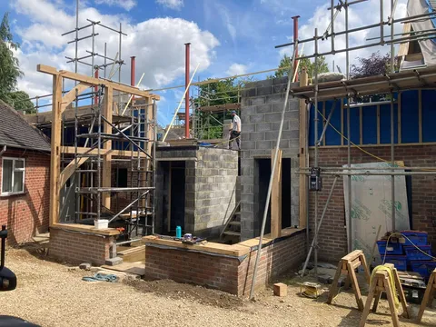 Brick plinth and blockwork built ready for the oak entrance frame