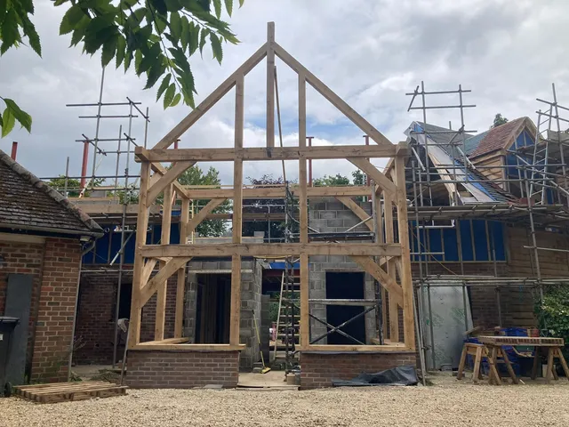 Oak framed gable entrance during construction